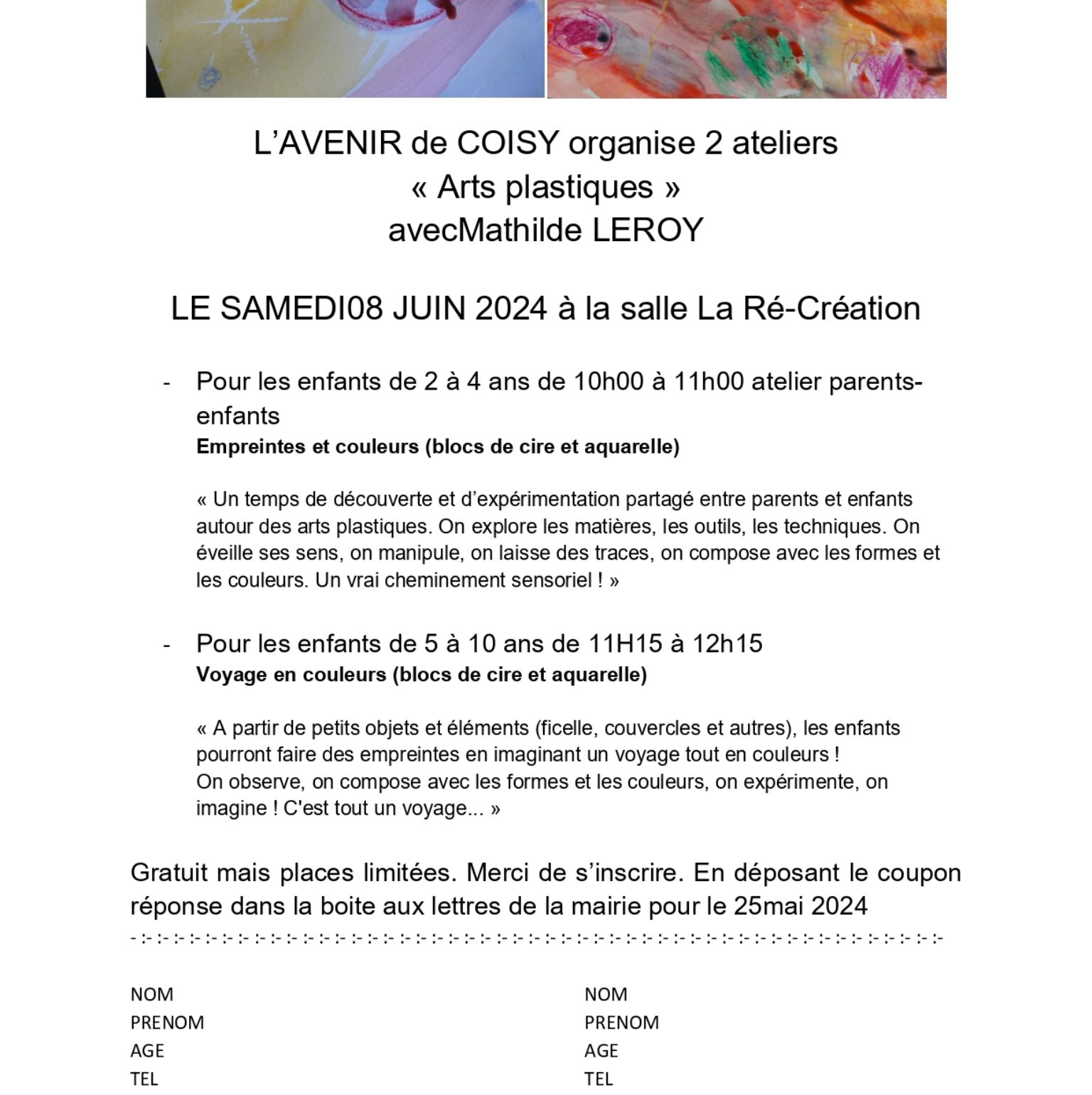 ATELIERS ARTS PLASTIQUES pour les enfants le samedi 8 juin – Inscrivez vous